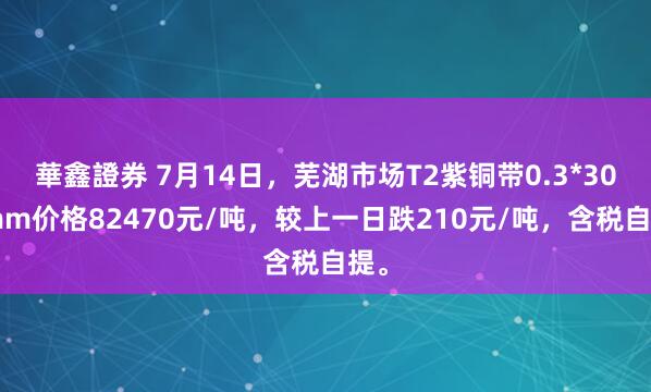 華鑫證券 7月14日，芜湖市场T2紫铜带0.3*300mm价格82470元/吨，较上一日跌210元/吨，含税自提。